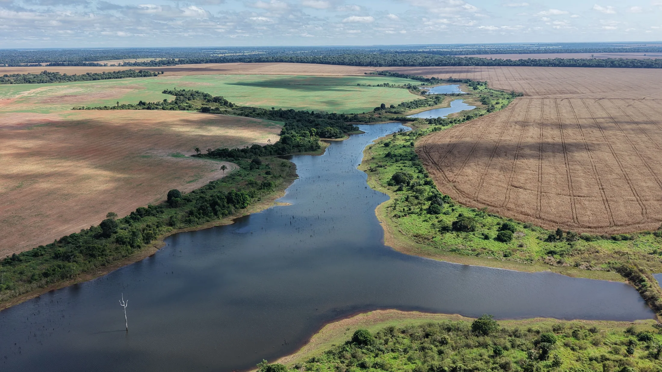 Rio serpenteando entre áreas de lavoura e pastagem